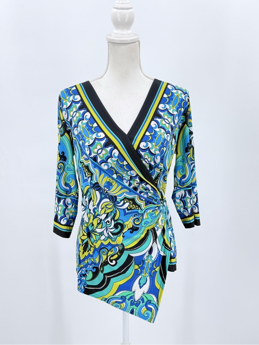 Joseph Ribkoff Size 10 Paisley Print Faux Wrap Ring Tunic Blue Green 70s Mod